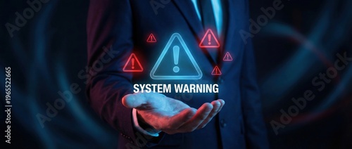 Critical system warning alert corporate office digital display dark environment close-up view cybersecurity awareness
