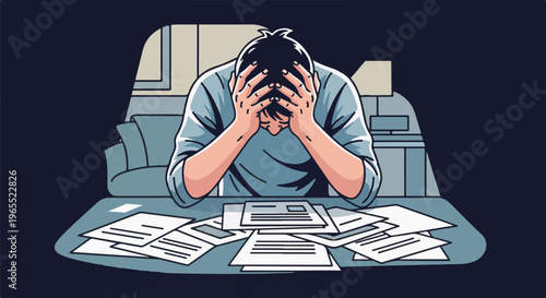 Overwhelmed person holding head amidst scattered papers in dim light