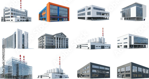 Modern industrial and commercial buildings vector set including factories, offices, warehouses, power plants and institutional architecture isolated illustration collection