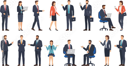Business professionals display various postures and activities in a large.