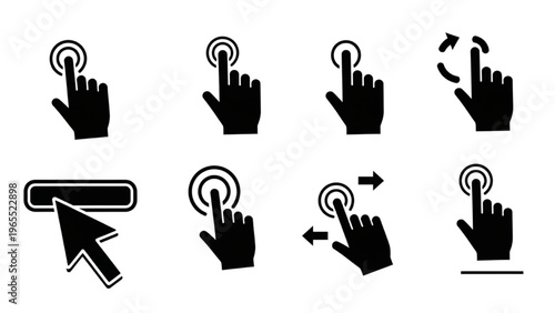 Vector icon sheet of various hand gestures interacting with digital elements