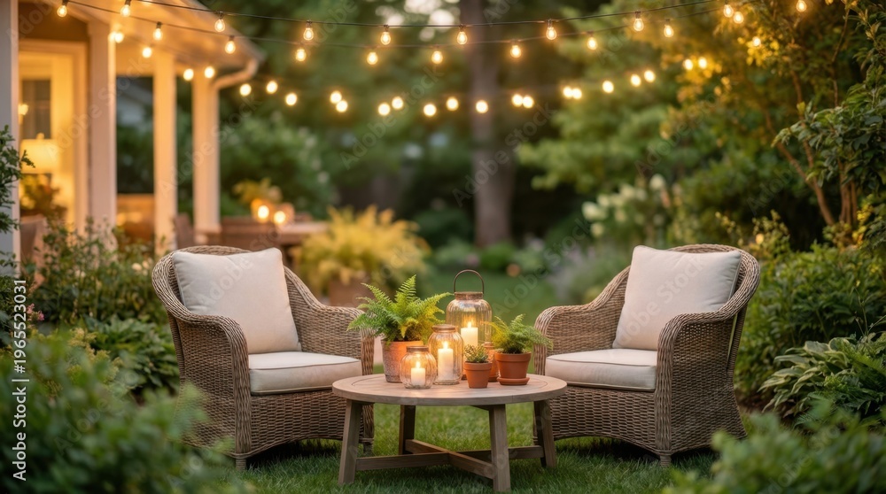 Obraz premium Cozy backyard patio seating area with string lights and lanterns at dusk