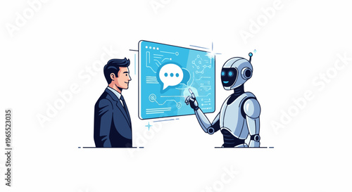 Man interacts with robot at futuristic digital interface