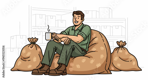 Man in work clothes relaxes with coffee in a warehouse setting amongst sacks