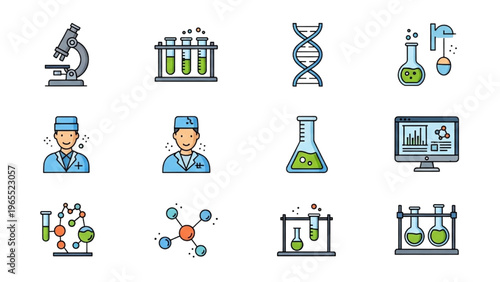A Vector Icon Sheet depicting various Science laboratory equipment and professionals at work