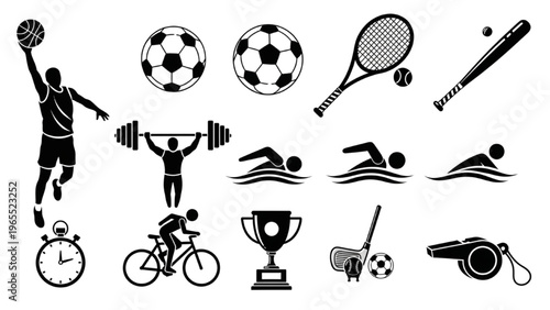 Vector Icon Sheet of Various Sports Equipment and Athletes in Action