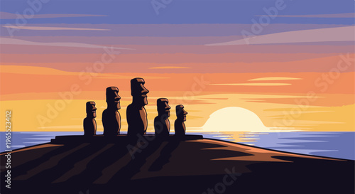 Moai statues silhouetted against a pixelated sunset over the ocean