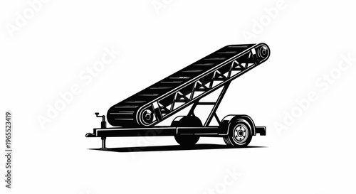 Mobile conveyor belt on a trailer, black and white illustration