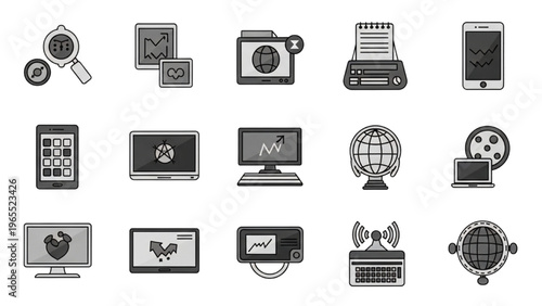 Vector icon sheet displays various technology devices and media icons
