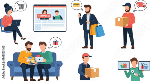 Digital commerce activities show online shopping, payment, delivery,.
