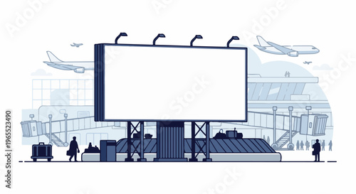 Modern airport scene with billboard, jet bridge, baggage claim, and planes