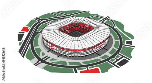 Modern architectural stadium illustration with red and white accents