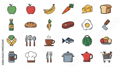 Vector Icon Sheet of Various Food and Kitchen Items on Display