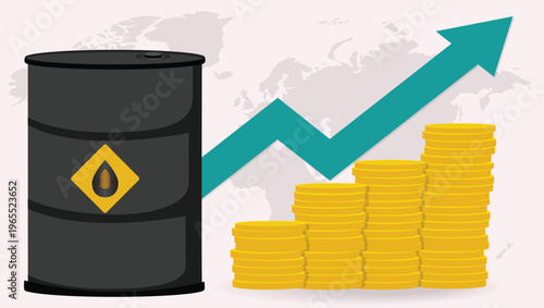 Rising oil prices concept with barrel, upward arrow and growing coin stacks global energy inflation illustration	
