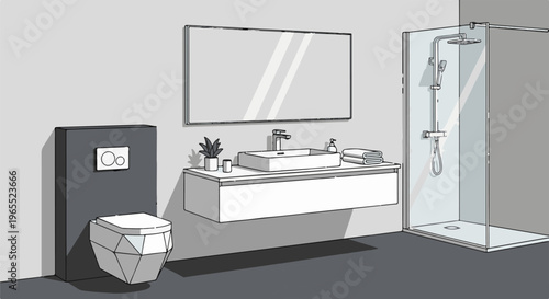 Modern bathroom with floating vanity, wall-hung toilet, and glass shower enclosure