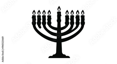 Black menorah with nine lit candles a striking silhouette