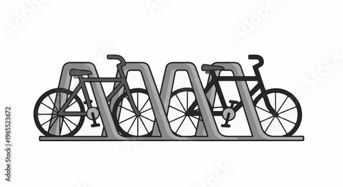 Modern bicycle rack design with two parked bicycles, grayscale illustration