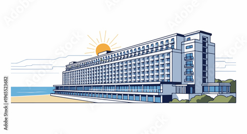 Modern beach hotel under a warm sun with gentle waves on shore