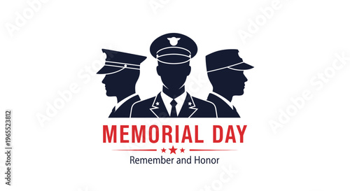 Memorial Day Poster Design with Military Officer Silhouettes in Uniform, Patriotic Remember and Honor Concept for Veterans and Armed Forces Remembrance