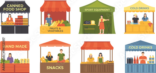 Street market stalls vector illustration set featuring food vendors, fruits vegetables stands, snacks kiosks, cold drinks and handmade products booths
