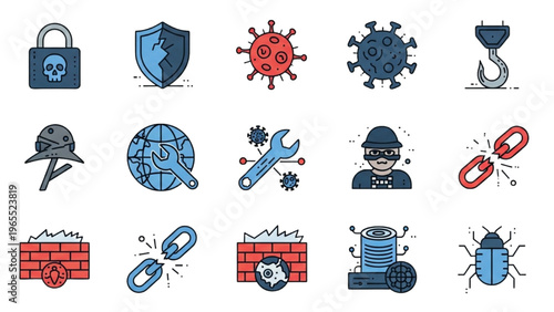 Vector icon sheet depicting various cybersecurity threats and protection measures