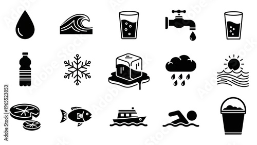 Vector Icon Sheet of Various Water and Food Items on a Single Graphic