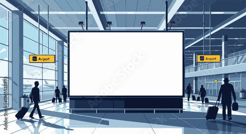 Modern airport interior with people and blank billboard