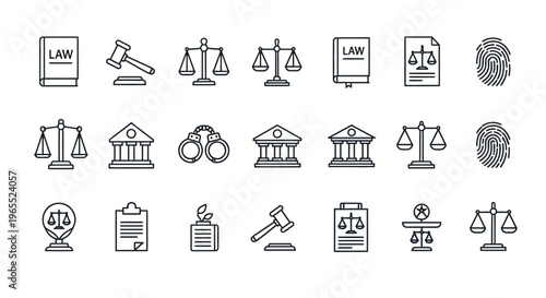 Law and Justice Line Icon Set - Vector Symbols for Legal Services, Court, and Jurisprudence