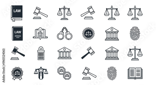Law and Justice Icon Set - Comprehensive Legal Symbols and Courtroom Elements Vector