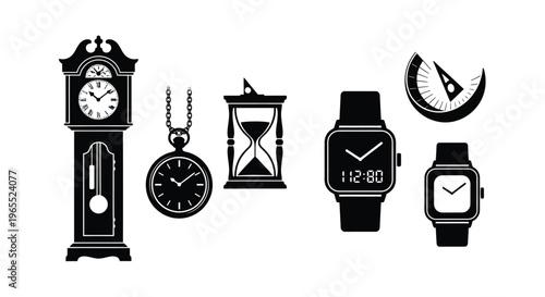 Various timekeeping devices arranged in a minimalist black silhouette