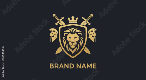 Golden Lion Heraldic Crest Logo with Shield, Swords, and Spartan Helmets, Luxury Royal Emblem for Security or Branding