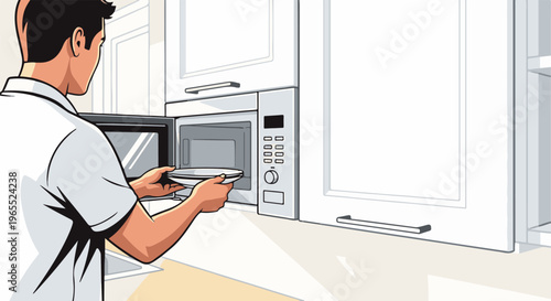 Man placing a plate into a microwave oven in a kitchen setting