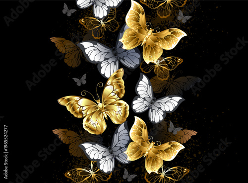 Obraz na płótnie Vertical composition of golden butterflies