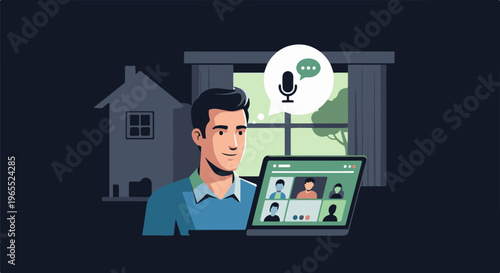 Man participating in a video conference call at home, speaking