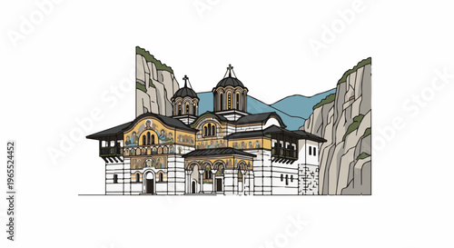 Ornate cliffside monastery with domes and frescoes