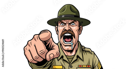 Angry Military Drill Sergeant Yelling and Pointing at Camera, Furious Bootcamp Instructor Illustration, Army Sergeant Major Screaming in Uniform Isolated on White Background