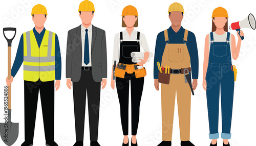 Diverse group of construction workers in hard hats and safety vests ready to build