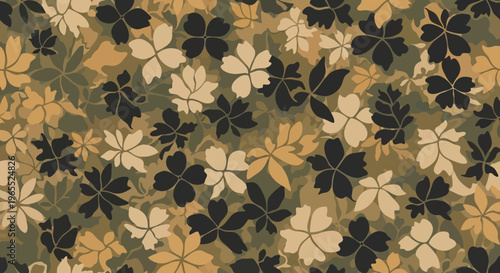 Floral Camouflage Seamless Pattern with Leaf Silhouettes in Olive, Tan, and Black Earthy Tones for Military Fashion and Tactical Design