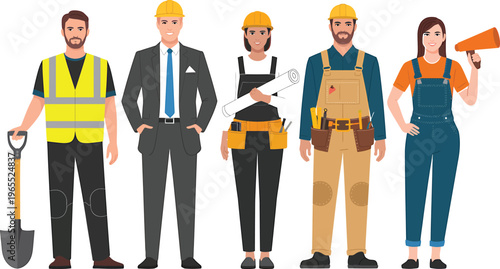 Diverse professional construction and skilled trades team with safety hard hats. Vector illustr