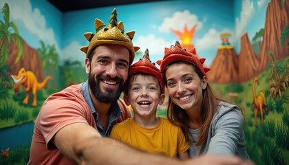 Diverse family wears dinosaur hats taking selfie in museum photo booth. Parents and son smile, enjoy prehistoric theme park backdrop. Fun day out bonding, making memories together.
