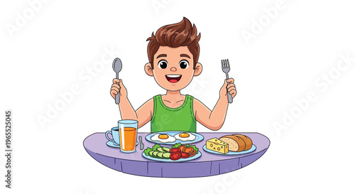 Happy boy with a hearty breakfast spread holding utensils