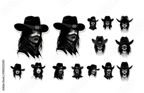 Gothic Western Cowgirl with Veiled Hat Silhouette, Dark Country Romance Vector Sticker, Alternative Americana Folklore Icon