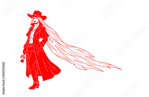 Gothic Western Cowgirl with Veiled Hat Silhouette, Dark Country Romance Vector Sticker, Alternative Americana Folklore Icon