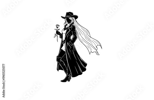 Gothic Western Cowgirl with Veiled Hat Silhouette, Dark Country Romance Vector Sticker, Alternative Americana Folklore Icon