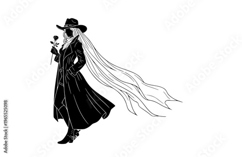 Gothic Western Cowgirl with Veiled Hat Silhouette, Dark Country Romance Vector Sticker, Alternative Americana Folklore Icon