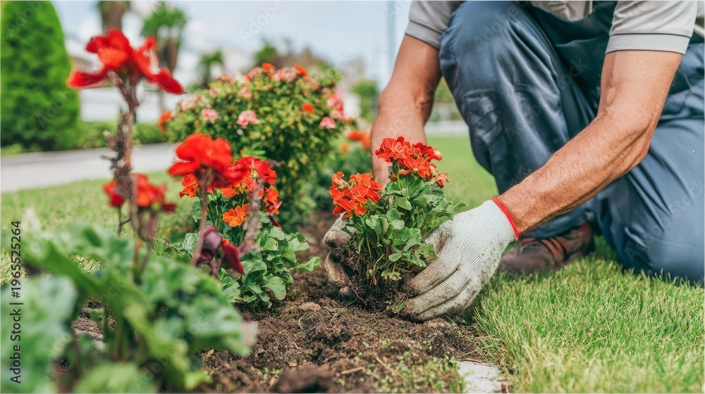 Fototapeta premium Gardener planting red flower in soil. Professional landscaper working in garden. Seasonal horticulture, environmental care and outdoor labor concept for landscape design project.