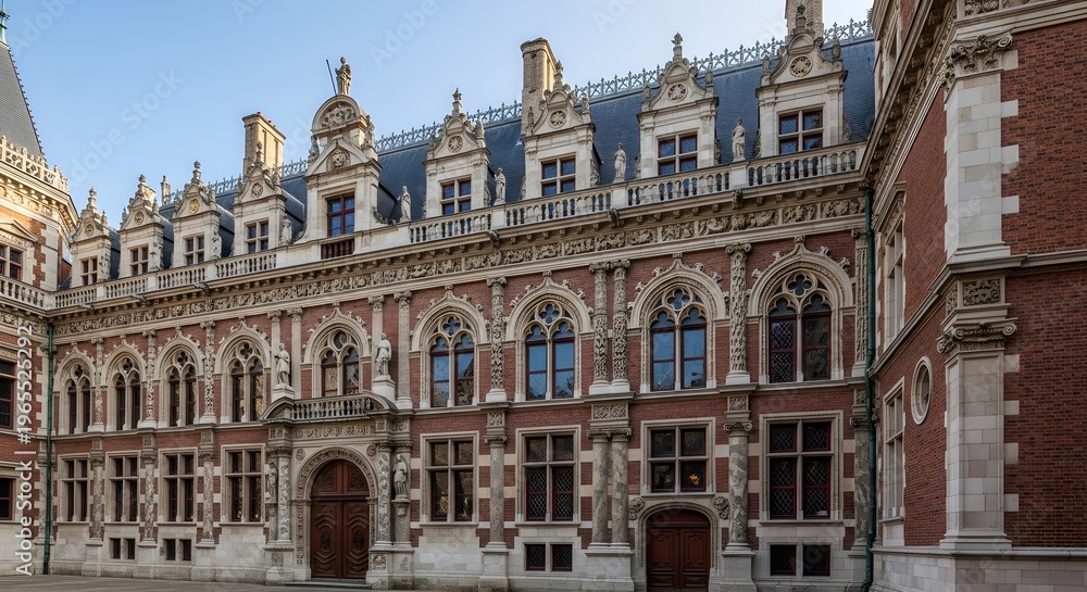 Obraz premium Expansive façade of a grand historic brick and stone building with ornate gables, tall arched windows and sculpted dormers enclosing a quiet courtyard, evoking elegant European institutional or univer