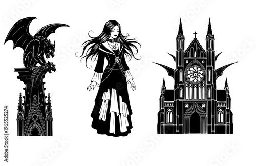 Goth Girl with Stone Gargoyle Silhouette Sticker, Cemetery Ritual Aesthetic Vector, Traditional Gothic Architecture Illustration