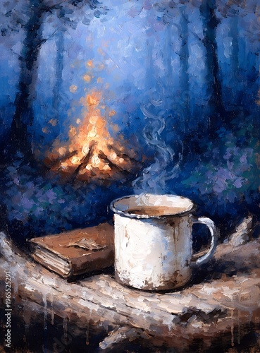 Steaming Mug and Book by Campfire Cozy Forest Night Scene