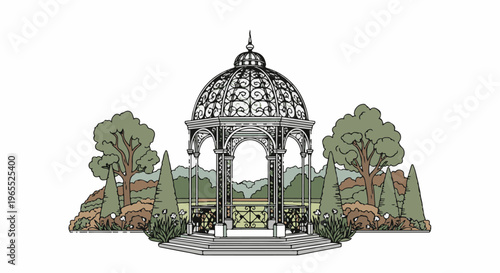 Ornate gazebo nestled within a lush, stylized garden landscape